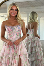 Load image into Gallery viewer, Gorgeous A Line Strapless Yellow Printed Corset Prom Dress with Beading Ruffles