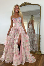 Load image into Gallery viewer, Gorgeous A Line Strapless Yellow Printed Corset Prom Dress with Beading Ruffles