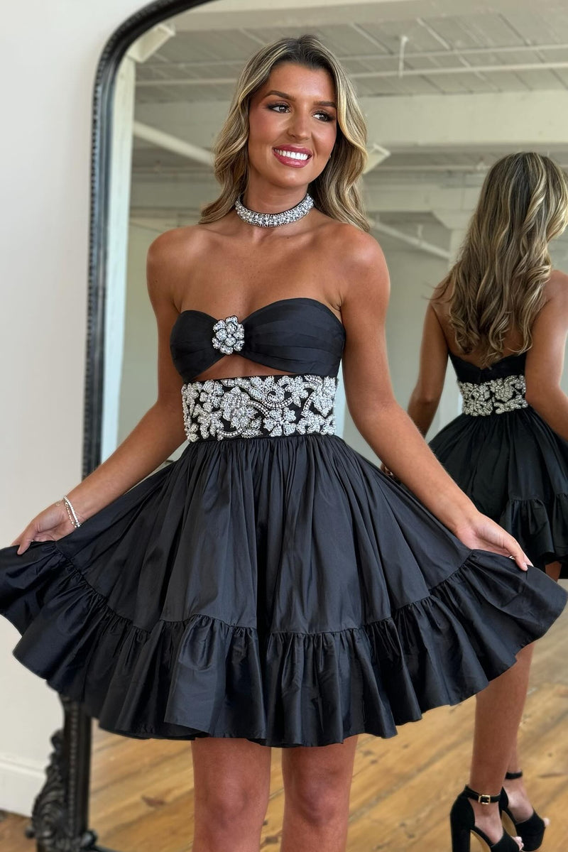 Luuvis Women Black Short Homecoming Dress Gorgeous A Line Sweetheart Cocktail Dress with Beading