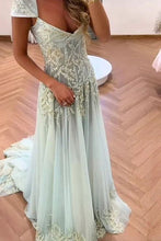 Load image into Gallery viewer, Retro Style A Line V Neck Light Green Long Prom Dress with Appliques Beading