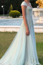 Load image into Gallery viewer, Retro Style A Line V Neck Light Green Long Prom Dress with Appliques Beading