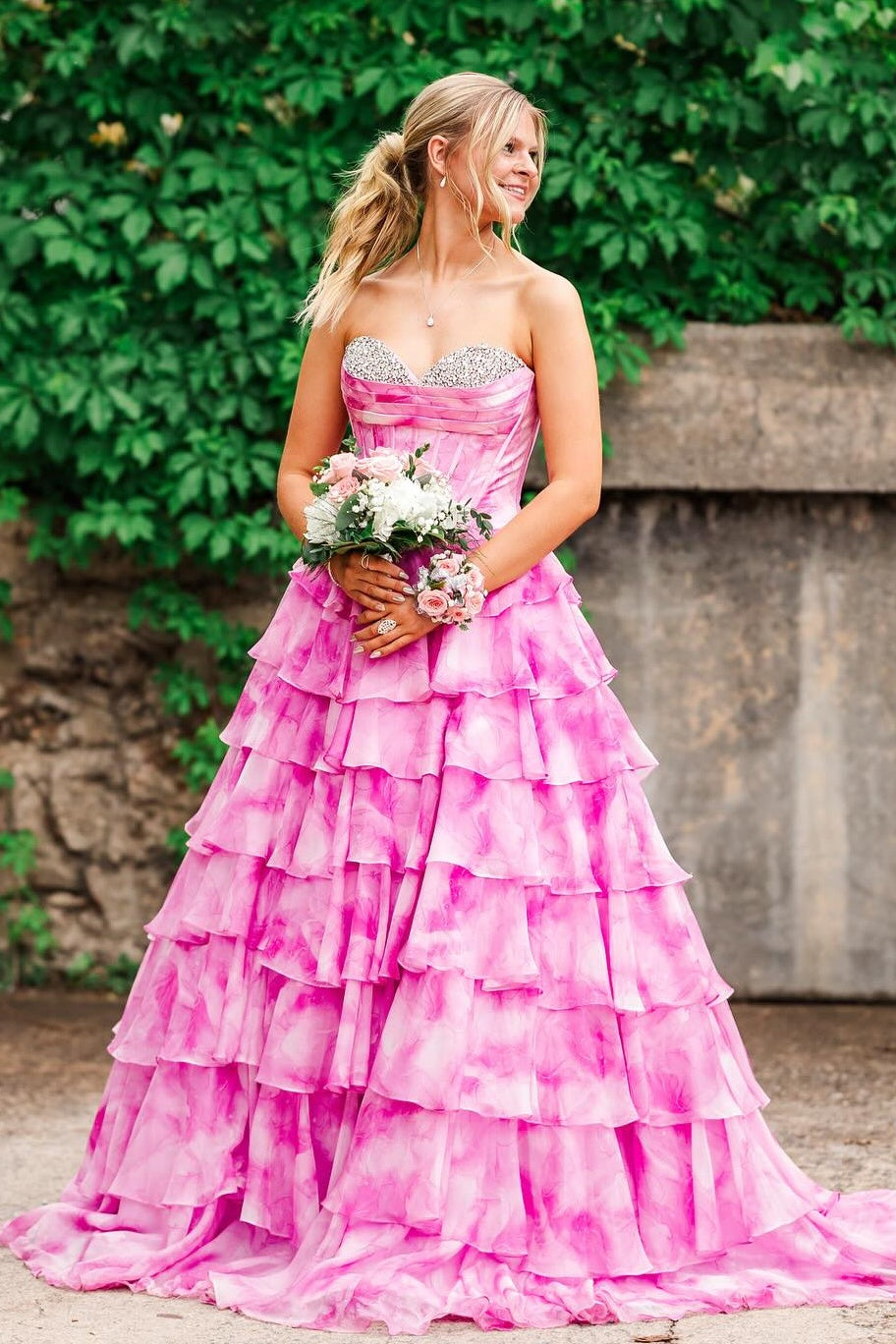 Gorgeous A Line Sweetheart Pink Printed Corset Prom Dress with Beading Ruffles
