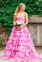 Load image into Gallery viewer, Gorgeous A Line Sweetheart Pink Printed Corset Prom Dress with Beading Ruffles