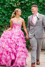Load image into Gallery viewer, Gorgeous A Line Sweetheart Pink Printed Corset Prom Dress with Beading Ruffles