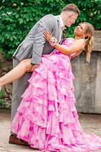 Load image into Gallery viewer, Gorgeous A Line Sweetheart Pink Printed Corset Prom Dress with Beading Ruffles