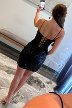 Load image into Gallery viewer, Gorgeous Black Bodycon Spaghetti Straps Short Homecoming Dress with Sequin