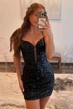 Load image into Gallery viewer, Gorgeous Black Bodycon Spaghetti Straps Short Homecoming Dress with Sequin