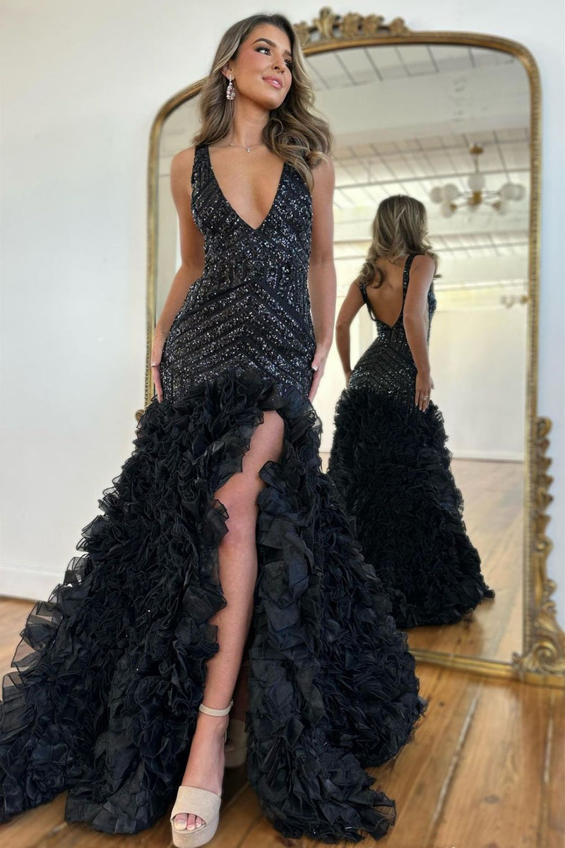 Elegant Black Mermaid Prom Dress with Sleeves - Sequin Tulle Formal Gown for Plus Size