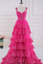 Load image into Gallery viewer, Gorgeous Fuchsia A-Line Off The Shoulder Long Tiered Prom Dress With Appliques