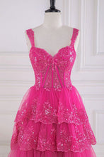 Load image into Gallery viewer, Gorgeous Fuchsia A-Line Off The Shoulder Long Tiered Prom Dress With Appliques