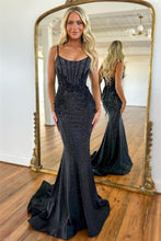 Load image into Gallery viewer, Black Glitter Beaded Mermaid Spaghetti Straps Lace Up Long Prom Dress