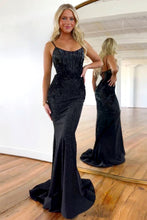 Load image into Gallery viewer, Black Glitter Beaded Mermaid Spaghetti Straps Lace Up Long Prom Dress