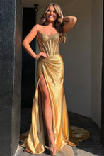 Load image into Gallery viewer, Gorgeous Gold Mermaid Strapless Long Beaded Prom Dress With High Slit