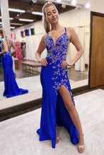 Load image into Gallery viewer, Glitter Mermaid Spaghetti Straps Lace Up Long Prom Dress With Appliques