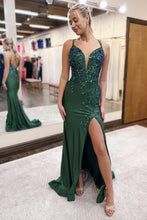 Load image into Gallery viewer, Glitter Mermaid Spaghetti Straps Lace Up Long Prom Dress With Appliques