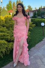 Load image into Gallery viewer, Gorgeous Mermaid Off the Shoulder Candy Pink Long Prom Dress with 3D Flowers