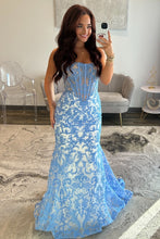 Load image into Gallery viewer, Gorgeous Mermaid Strapless Blue Corset Prom Dress with Appliques