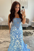 Load image into Gallery viewer, Gorgeous Mermaid Strapless Blue Corset Prom Dress with Appliques