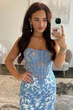Load image into Gallery viewer, Gorgeous Mermaid Strapless Blue Corset Prom Dress with Appliques