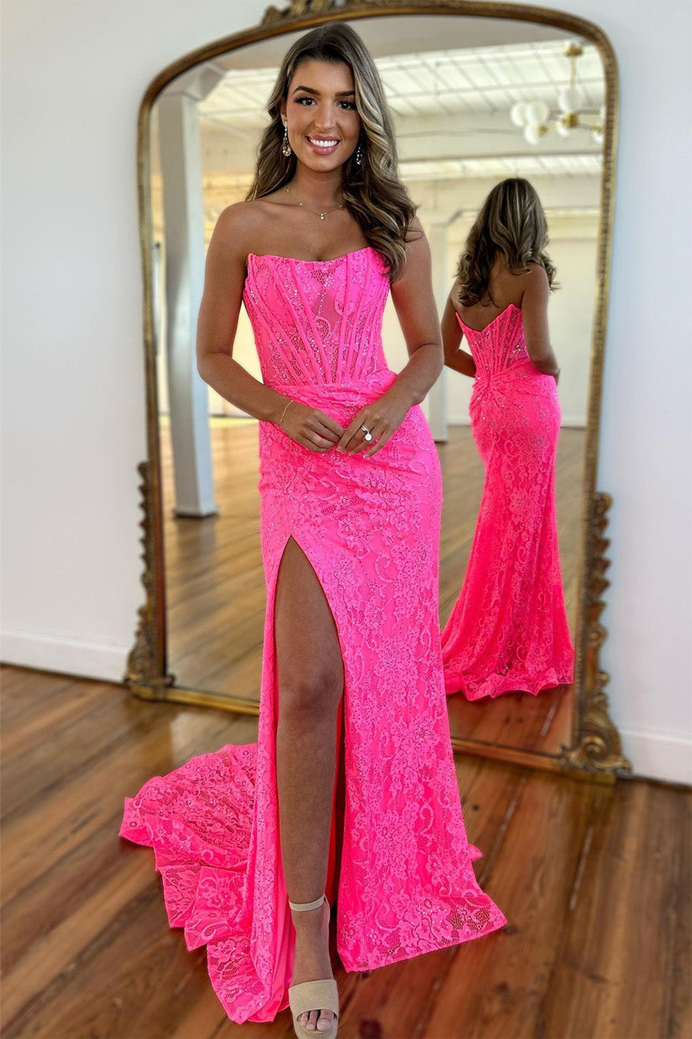 Romantic Lavender Mermaid Strapless Long Lace Prom Dress With Slit