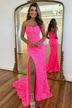 Load image into Gallery viewer, Romantic Lavender Mermaid Strapless Long Lace Prom Dress With Slit