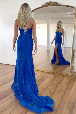 Gorgeous Mermaid Strapless Sweep Train Lace Prom Dress With Slit
