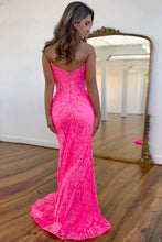 Load image into Gallery viewer, Romantic Lavender Mermaid Strapless Long Lace Prom Dress With Slit
