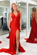 Load image into Gallery viewer, Gorgeous Mermaid V Neck Red Long Prom Dress with Pearls