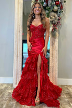 Load image into Gallery viewer, Glitter Red Mermaid Strapless Long Tiered Sequin And Satin Prom Dress