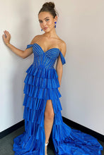 Load image into Gallery viewer, Gorgeous Royal Blue A-Line Off The Shoulder Long Beaded Prom Dress