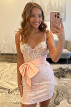 Load image into Gallery viewer, Cute Bodycon Sweetheart Blue Lace Short Homecoming Dress with Bowknot
