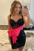 Load image into Gallery viewer, Cute Bodycon Sweetheart Blue Lace Short Homecoming Dress with Bowknot