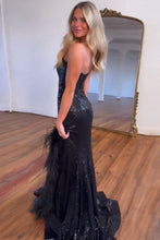 Load image into Gallery viewer, Sparkly Sequin Strapless Long Corset Prom Dress With Feather