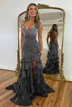 Load image into Gallery viewer, Gorgeous Sparkly Black Mermaid Lace Up Long Beaded Prom Dress with Slit