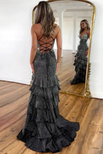 Load image into Gallery viewer, Gorgeous Sparkly Black Mermaid Lace Up Long Beaded Prom Dress with Slit