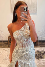 Load image into Gallery viewer, Grey Gorgeous Mermaid Sparkly One Shoulder Long Sequin Prom Dress with Ruffle Skirt
