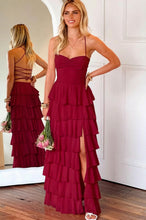 Load image into Gallery viewer, Gorgeous A Line Spaghetti Straps Burgundy Long Prom Dress with Ruffles
