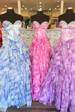 Load image into Gallery viewer, Gorgeous A Line Sweetheart Pink Printed Corset Prom Dress with Beading Ruffles