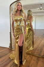 Load image into Gallery viewer, Gorgeous Gold Mermaid Mirror Top Long Metallic Prom Dress With High Slit