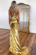 Load image into Gallery viewer, Gorgeous Gold Mermaid Mirror Top Long Metallic Prom Dress With High Slit