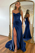 Load image into Gallery viewer, Gorgeous Gold Mermaid Strapless Long Beaded Prom Dress With High Slit