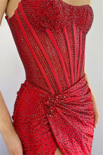 Load image into Gallery viewer, Gorgeous Gold Mermaid Strapless Long Beaded Prom Dress With High Slit