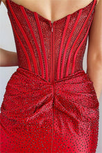 Load image into Gallery viewer, Gorgeous Gold Mermaid Strapless Long Beaded Prom Dress With High Slit