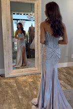 Load image into Gallery viewer, Gorgeous Gold Mermaid Strapless Long Beaded Prom Dress With High Slit