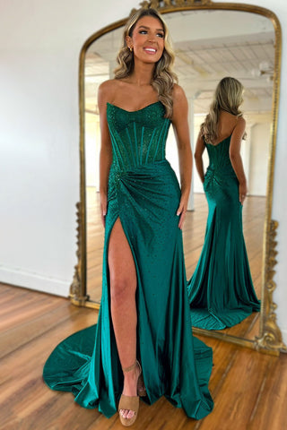 Gorgeous Gold Mermaid Strapless Long Beaded Prom Dress With High Slit
