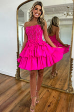 Load image into Gallery viewer, Gorgeous Hot Pink A-Line Strapless Short Satin Homecoming Dress With Beading