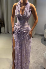 Load image into Gallery viewer, Luxurious Mermaid Halter Neck Green Long Prom Dress with Appliques Split Front