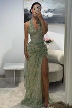 Load image into Gallery viewer, Luxurious Mermaid Halter Neck Green Long Prom Dress with Appliques Split Front