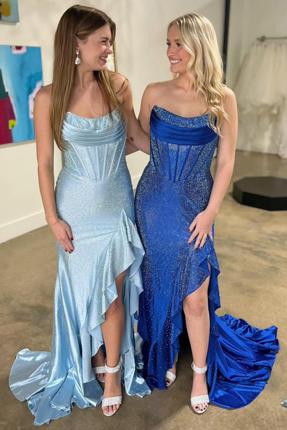 Light Blue Mermaid Strapless Lace Up Long Beaded Prom Dress with Leg Slit