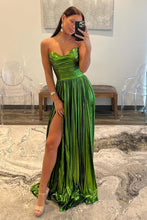 Load image into Gallery viewer, Metallic Green A-Line Strapless Zipper Back Long Prom Dress With Slit